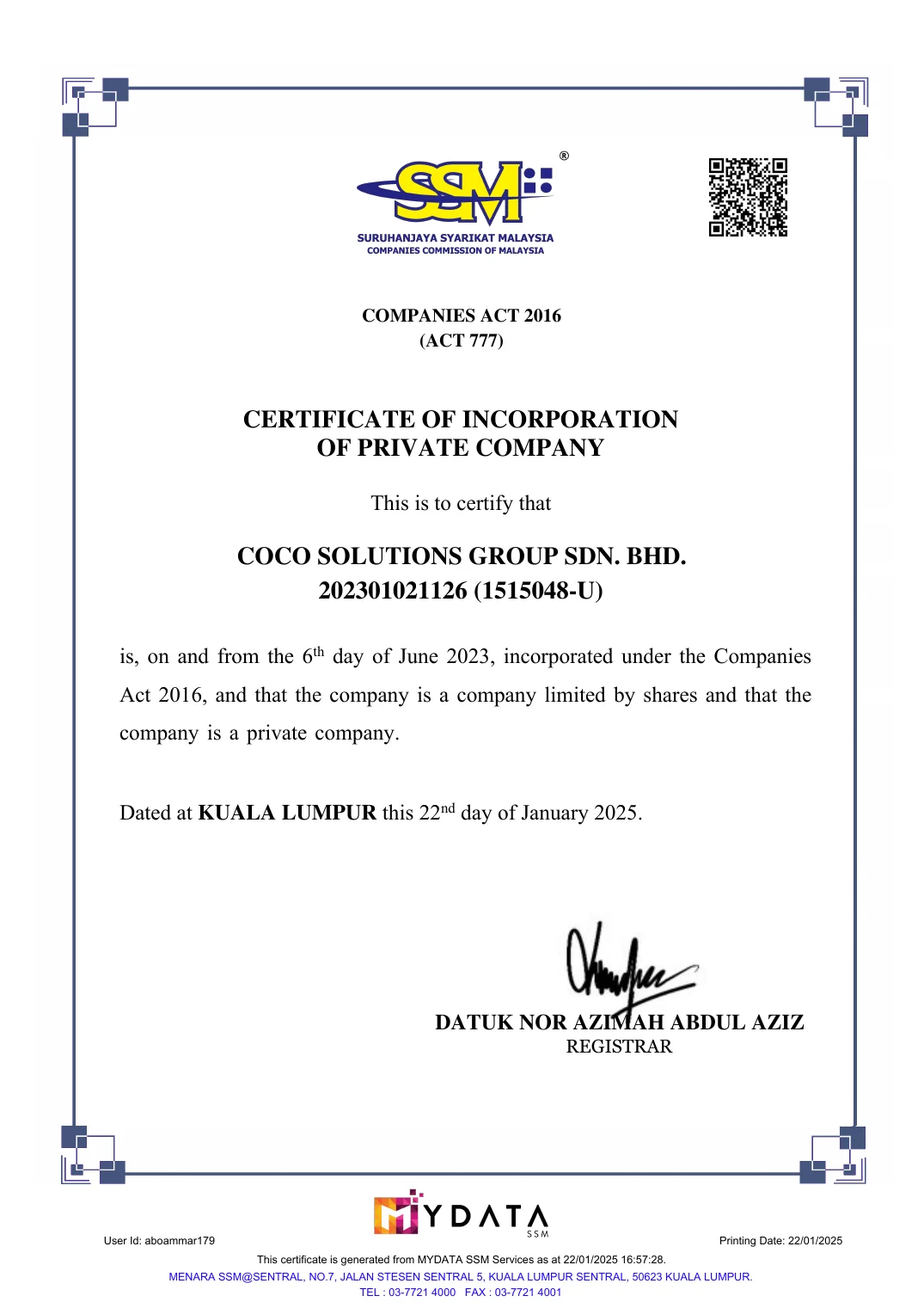 شهادة التأسيس – Coco Solutions Group Sdn. Bhd.
